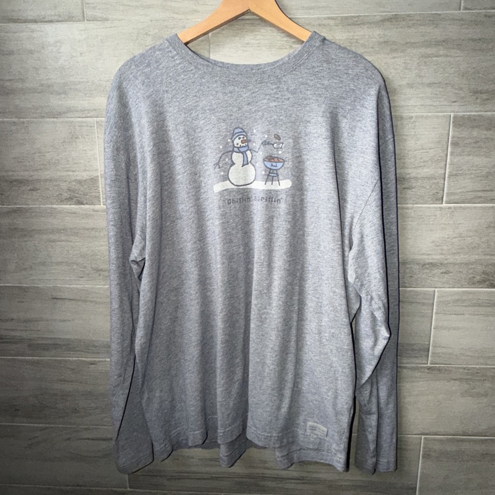 Life is Good Men's L/S Crusher Lite Tee Chillin Grillin Snowman Gray Size Large